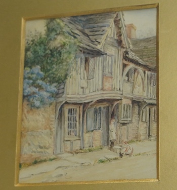 Follower of Helen Allingham RWS (1848-1926), watercolour, Children beside a cottage doorway, 15 x 12cm. Condition - fair to good